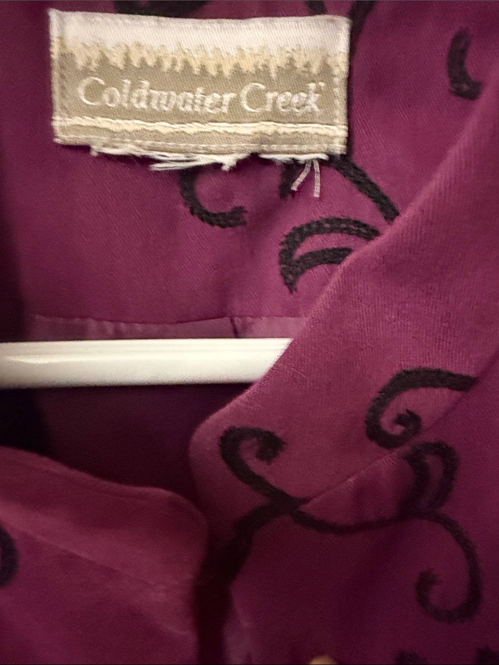 Coldwater Creek Plum open  topper Coat with Black Swirl Embroidery Whimsigoth